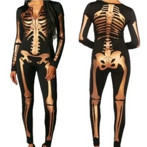Tipsy Elves Black Jumpsuit with Gold Skeleton Design Bodysuit